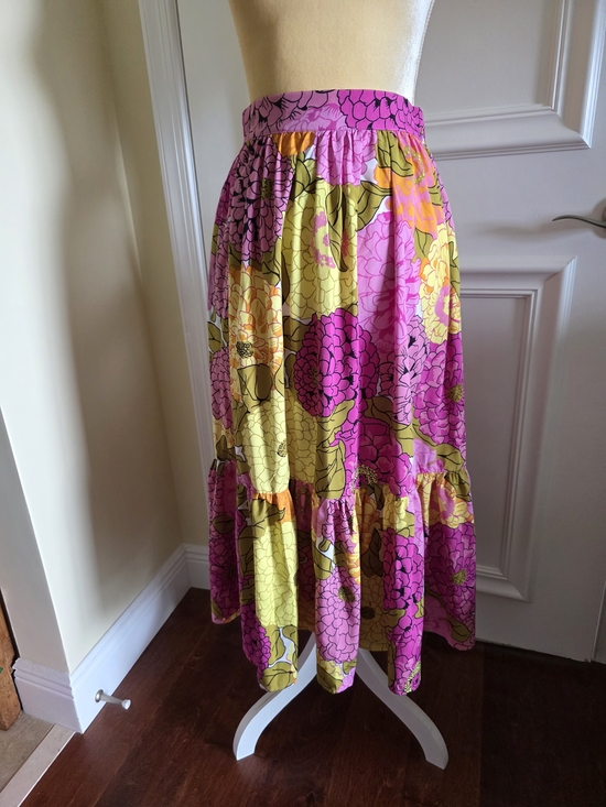 Unique Vintage Dresses & Skirts - Unique Vintage Floral Tiered Midi Skirt - Pink & Yellow